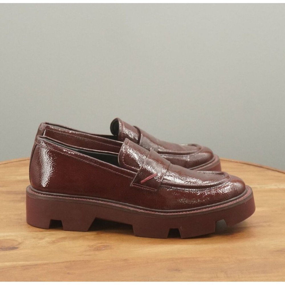 Franco Sarto Womens Ream Lug Sole Loafers Sz 8 Burgundy Red Faux Patent Leather